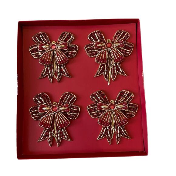 Sugarplum Dreams Beaded Bow Ornaments Set of 4 Holiday Red & Gold Glam New - Picture 6 of 13
